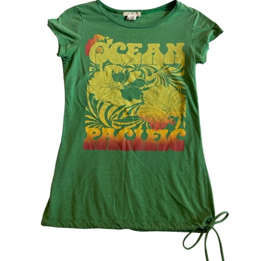 Vintage Ocean Pacific OP Green Graphic T-Shirt Hibiscus Floral Side Tie Small